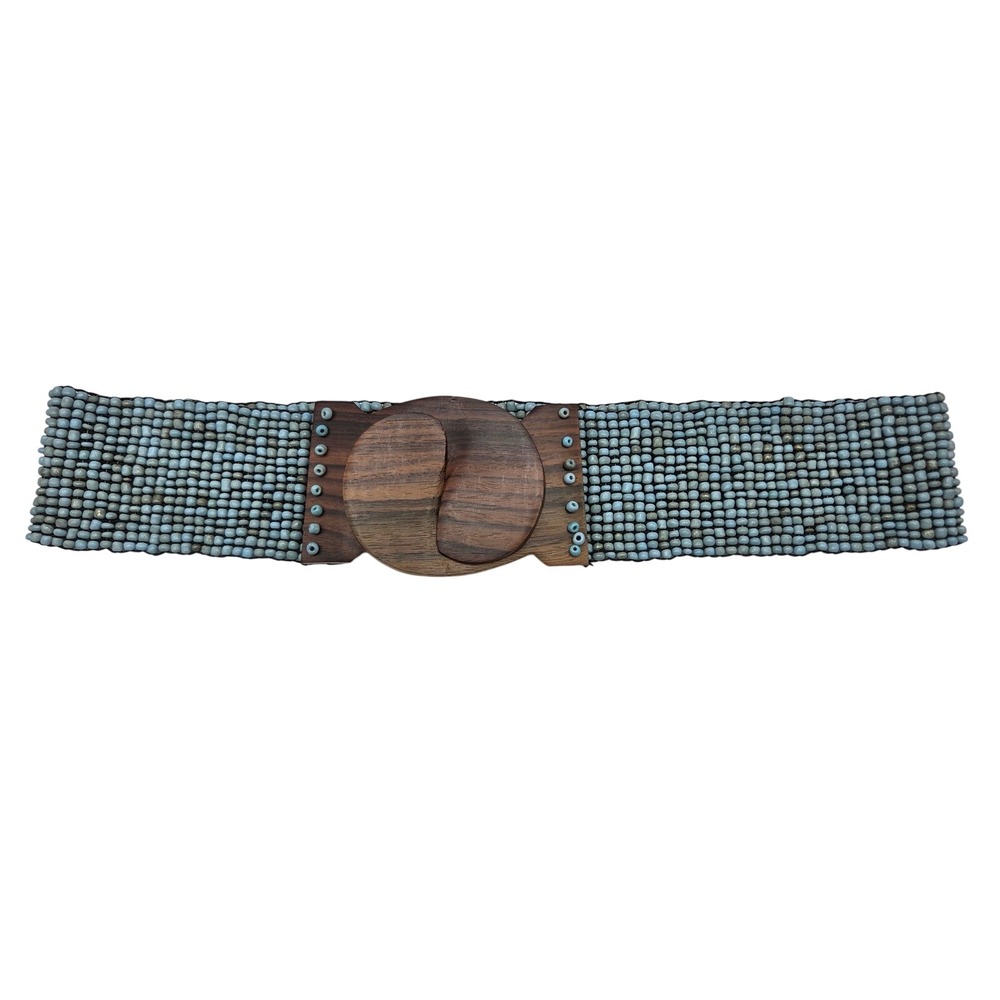 Stone Bead Wide Waist Belt Blue Hand Carved Wood Interlocking Buckle Artisan